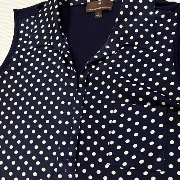 FENN WRIGHT MANSON Navy Blue Polka Dot Mixed Media Sleeveless Blouse Size Large - Picture 5 of 8